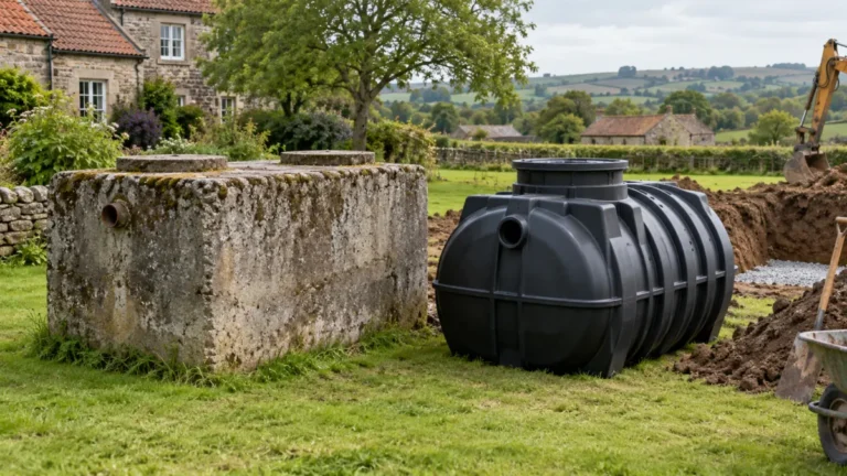 Concrete and plastic septic tanks side by side
