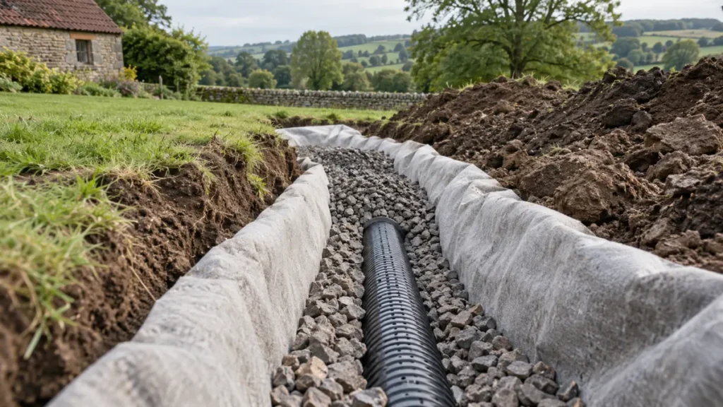 Drainage field trench with gravel and perforated pipe