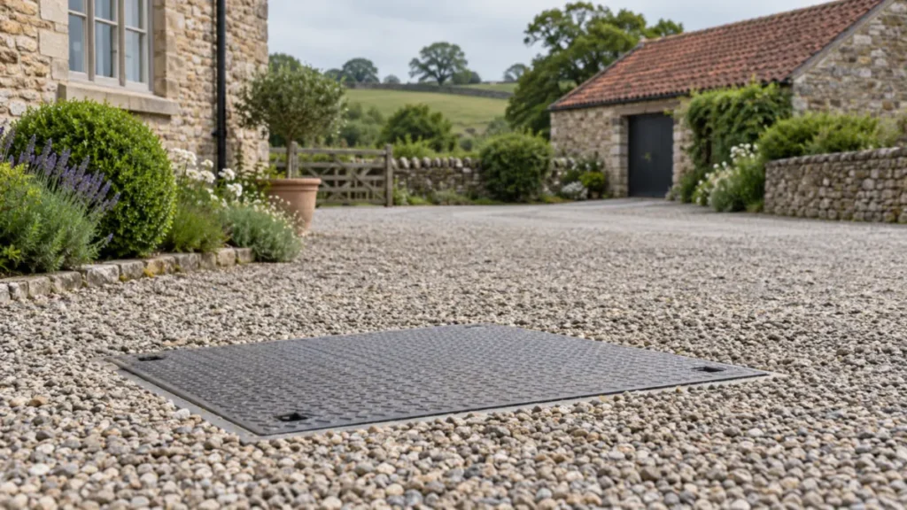 Heavy-duty septic tank cover in a driveway