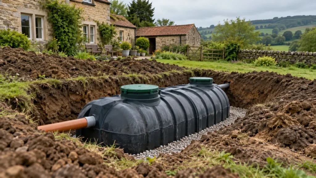 Shallow dig septic tank in a shallow excavation