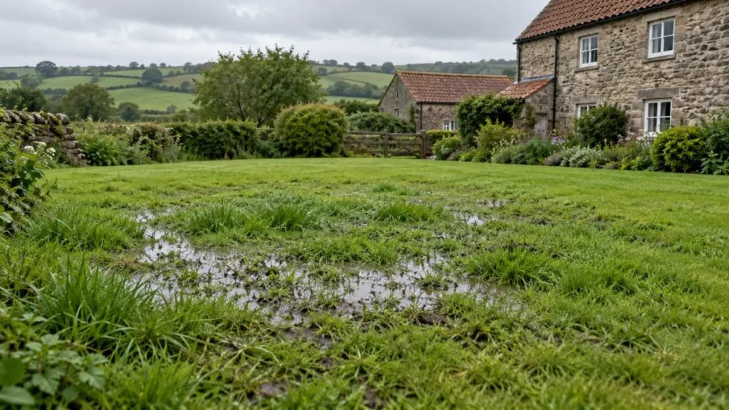 Wet patch on a lawn above a failing drainage field