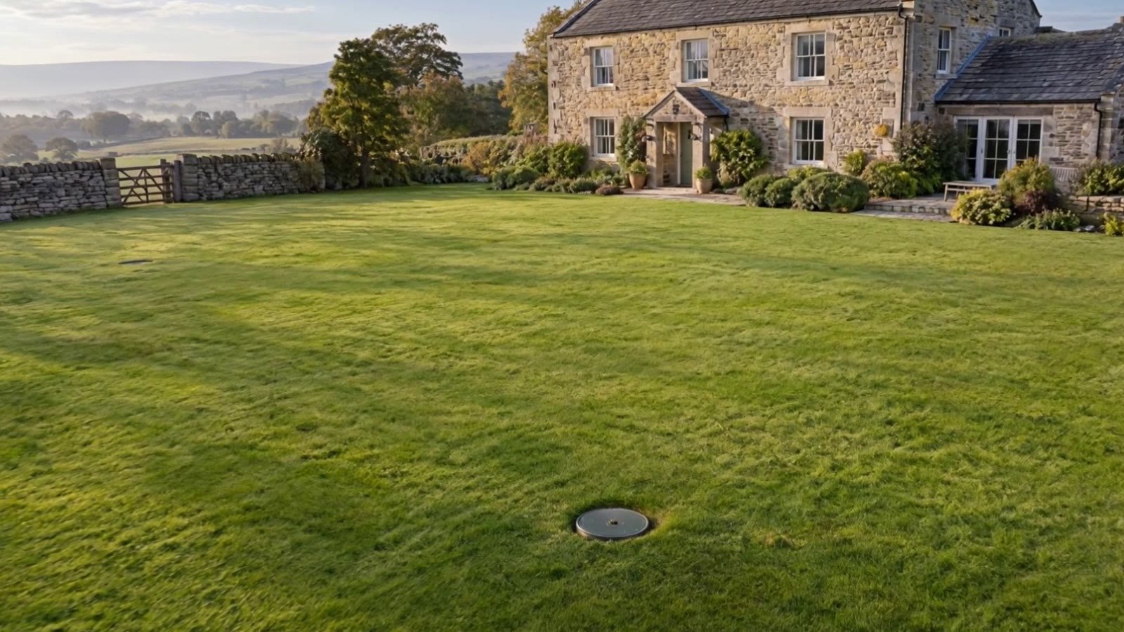Access cover in a rural garden lawn near Easingwold