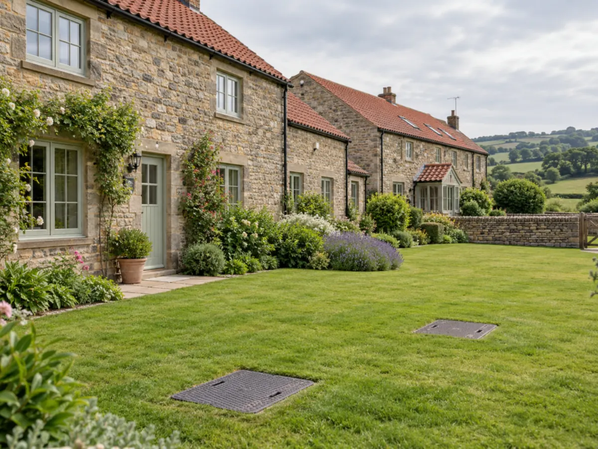 Holiday cottages sharing a private drainage system
